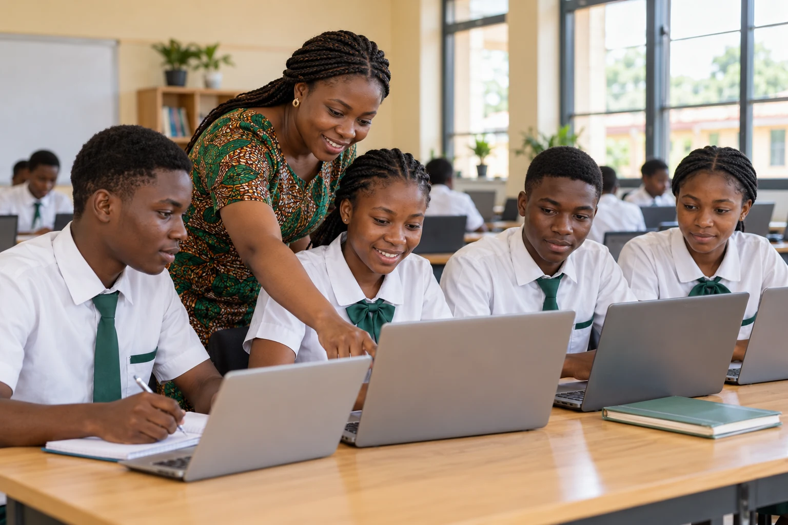 Illustrative Nigerian educator and learners exploring digital learning