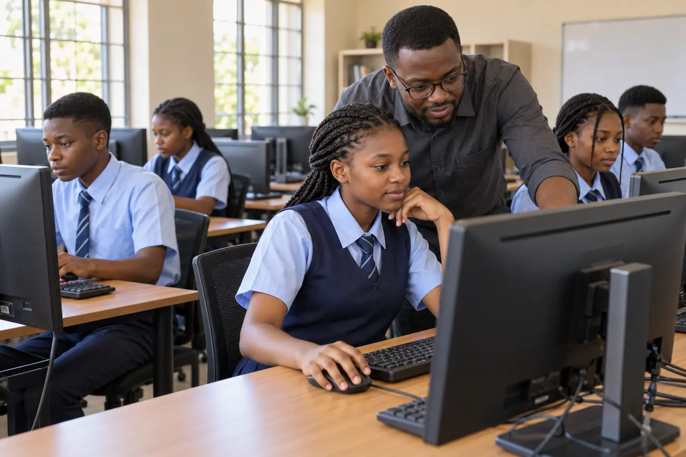 Illustrative Nigerian students and educators using computers in a school ICT laboratory
